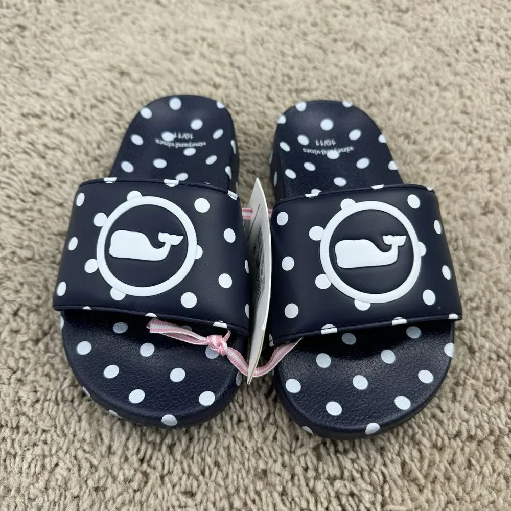 Vineyard Vines Slides Girls 10/11 Navy Polka Dot Whale Logo Poolside Sandal‎ NWT